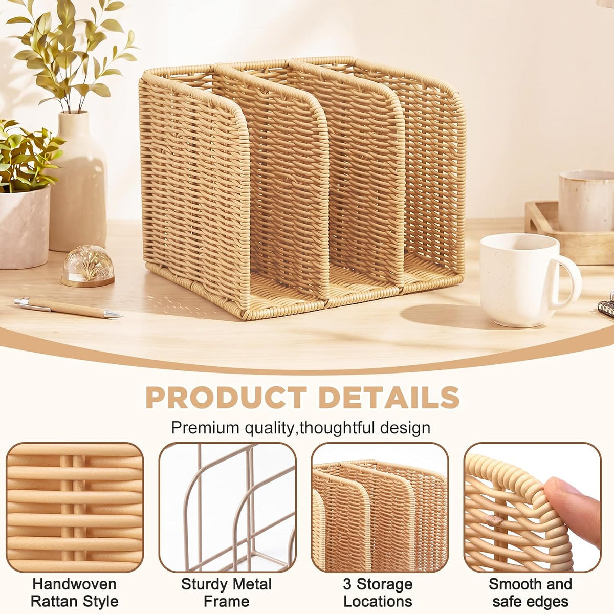 Novabright Synthetic Rattan File Magazine Holder Desk Organizer, 3 Vertical Compartments Workspace Sorters for