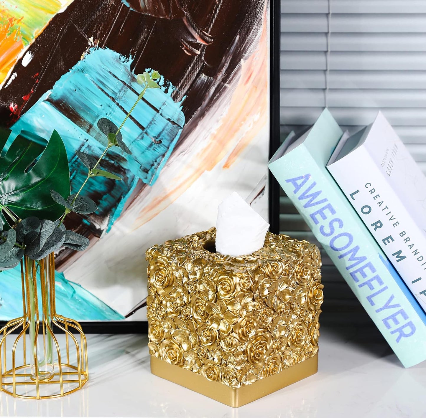 Modern Square Tissue Box Cover Holder / Petal Golden