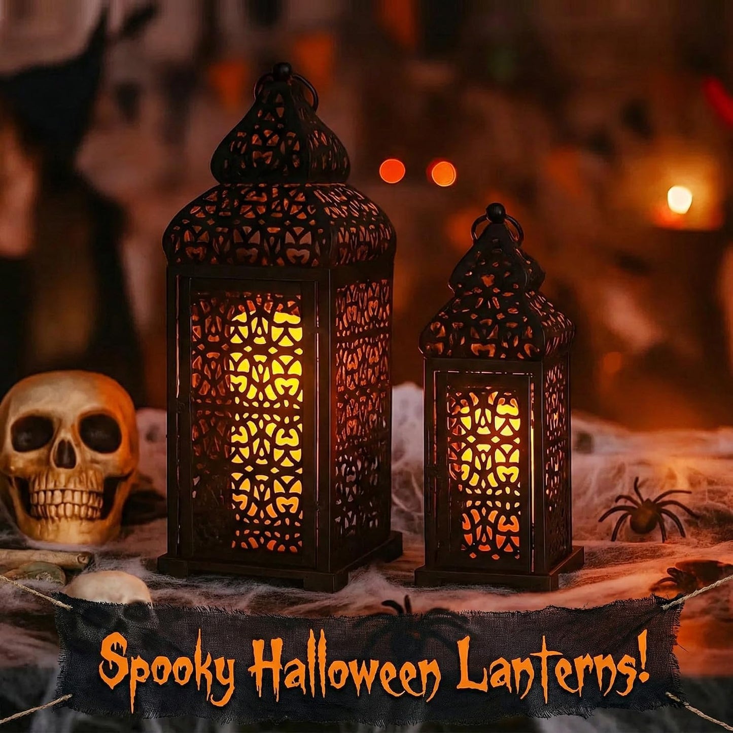 Vela Lanterns Decorative Indoor Moroccan Candle Holders, Black, Set of 2 | Halloween & Ramadan Decorations for Home
