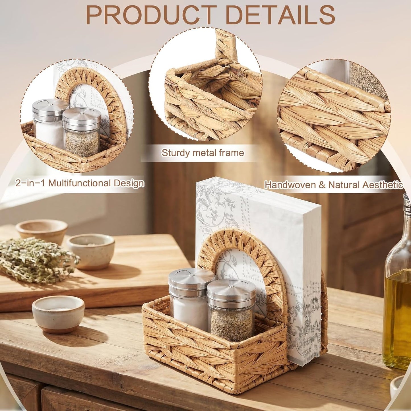 Napkin Salt Pepper Holder Napkin Holder for Salt Pepper Shakers Caddy / Water Hyacinth / Natural