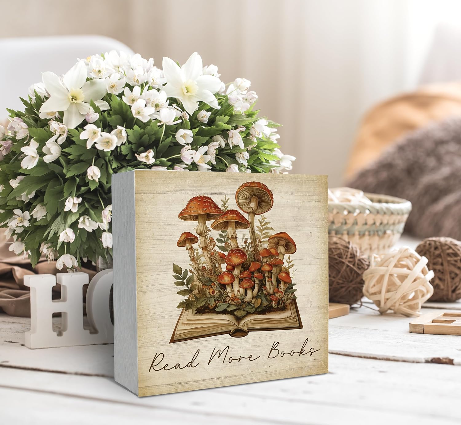 Vintage Mushroom Book Theme Wooden Block