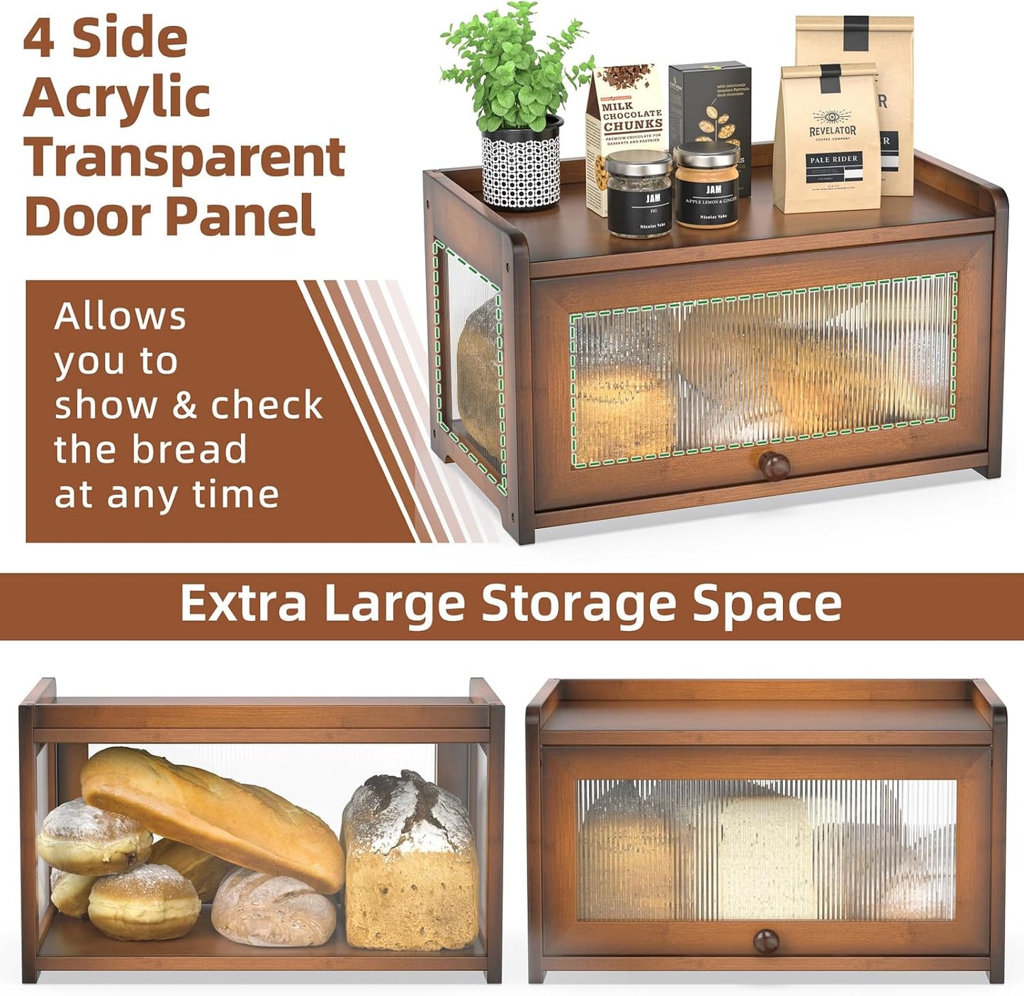 BAMBANG Bamboo Bread Box for Kitchen Countertop, Extra Large Farmhouse Bread Box with 4-Side Clear Panels, Wooden Bread
