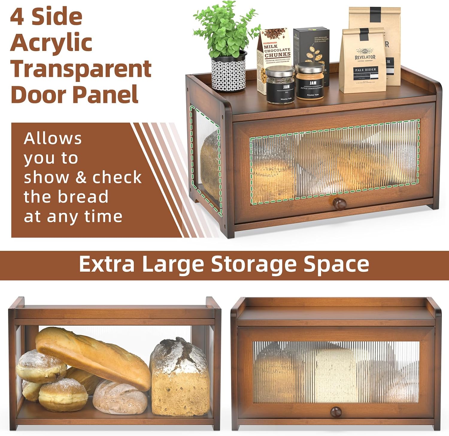 BAMBANG Bamboo Bread Box for Kitchen Countertop, Extra Large Farmhouse Bread Box with 4-Side Clear Panels, Wooden Bread