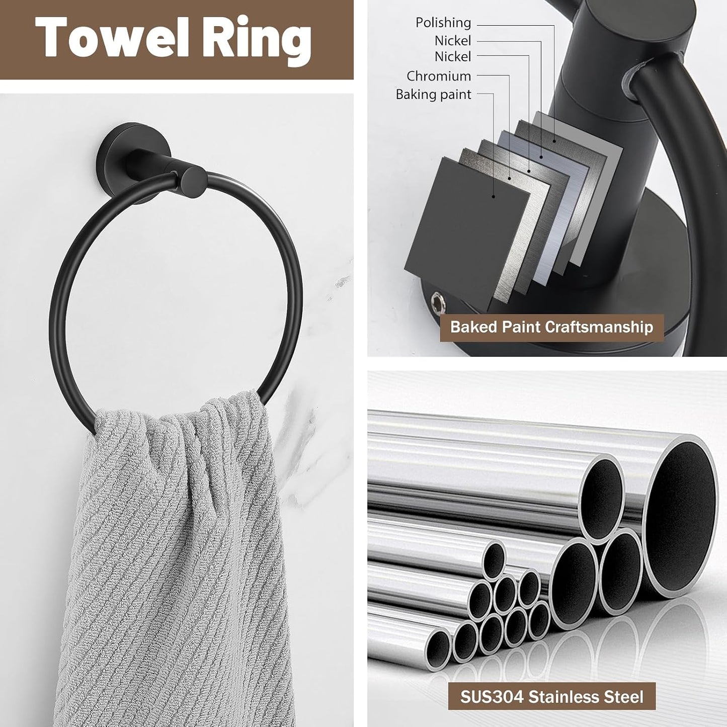 6 Pieces Matte Black Towel Bar Bathroom Hardware Set, 23.6Inch Matte Black Bathroom Accessories Towel Holder Set