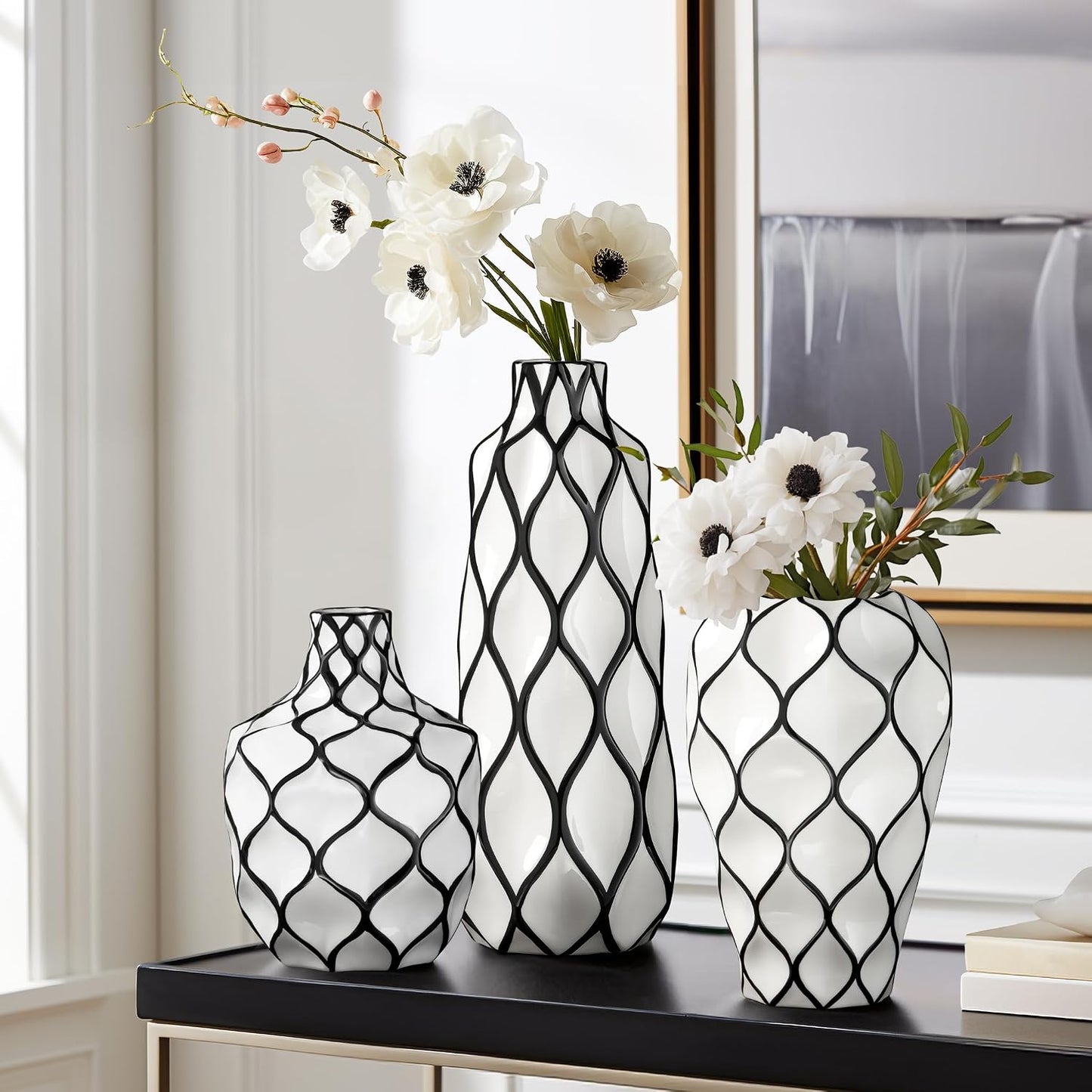Gloss White Ceramic Vases / 15.5" Height / Black