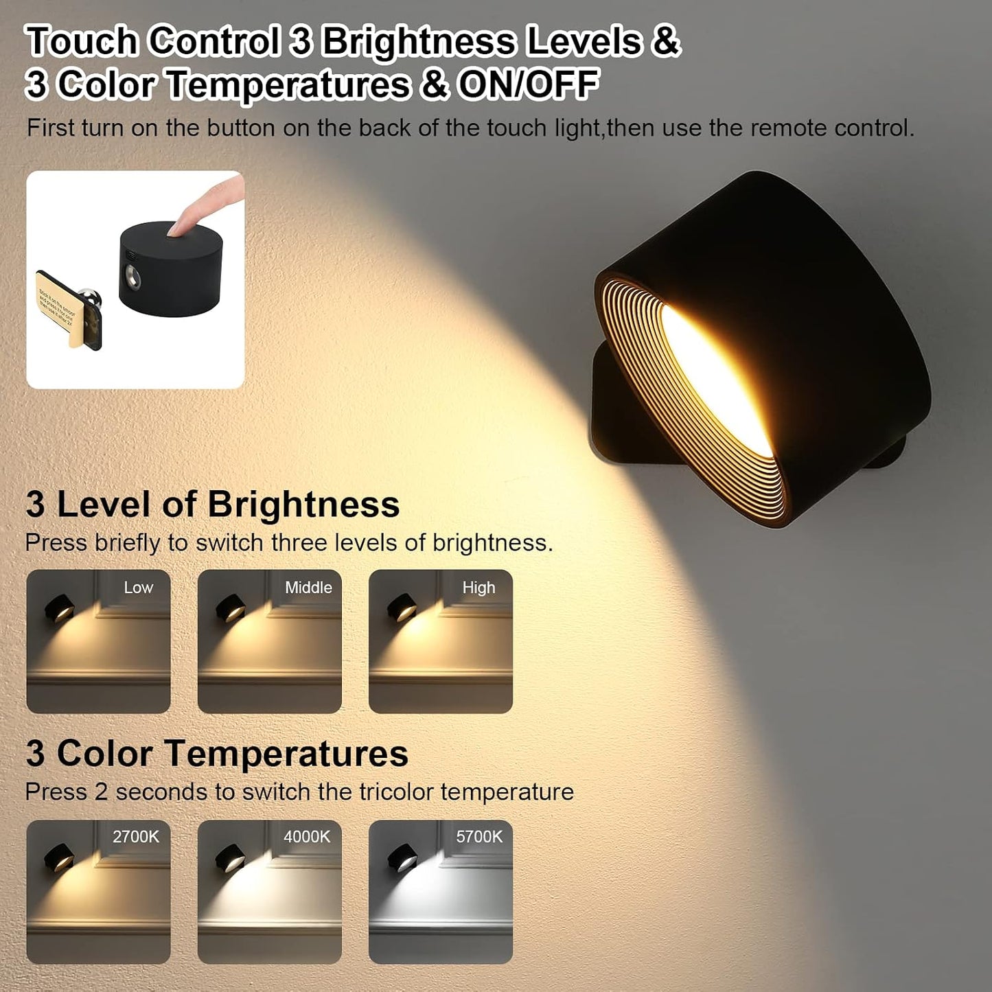 Lightess 2PC LED Wall Sconces, 19 Colors Dimmable Wall Mounted Lamp with 5000mAh Rechargeable Battery, 360°Rotate
