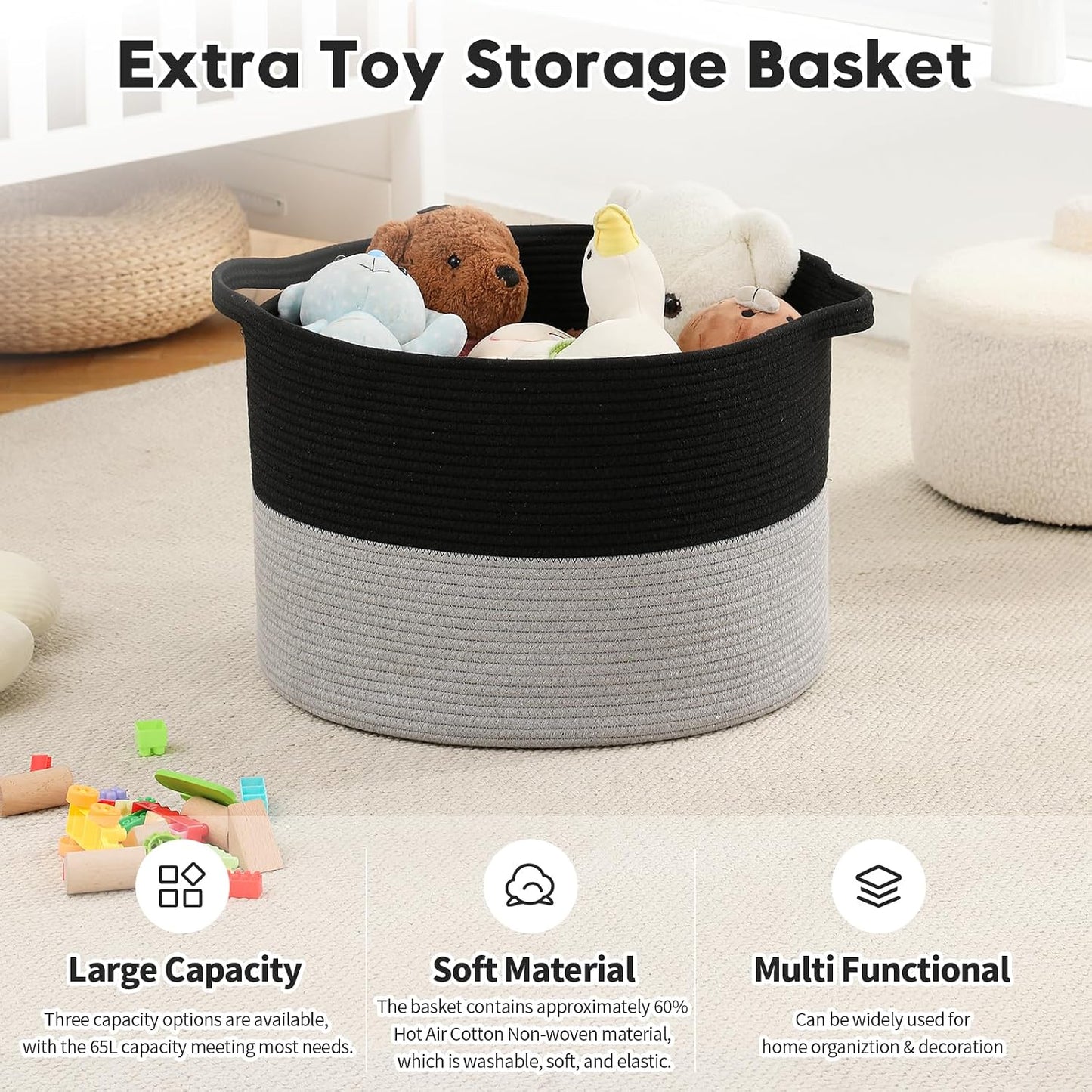 Collapsible Handle Cotton Rope Soft Woven Fabric Storage Organizer Clothes Toys / Black & Grey / 65L