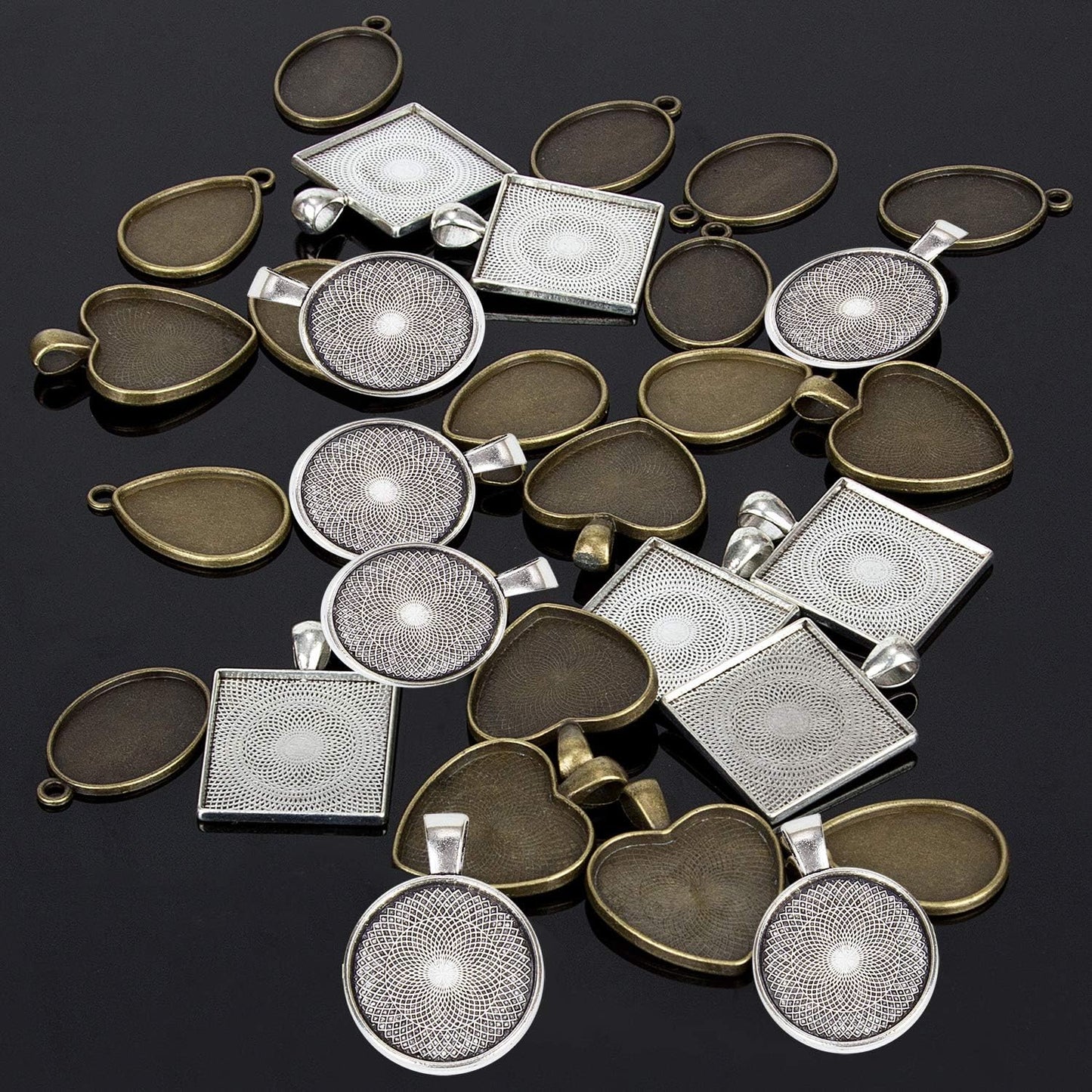 Resin Jewelry Molds Pendant Trays Making Kit / Metal Pendant+1 Pc Silicone Casting Molds / Set of 30