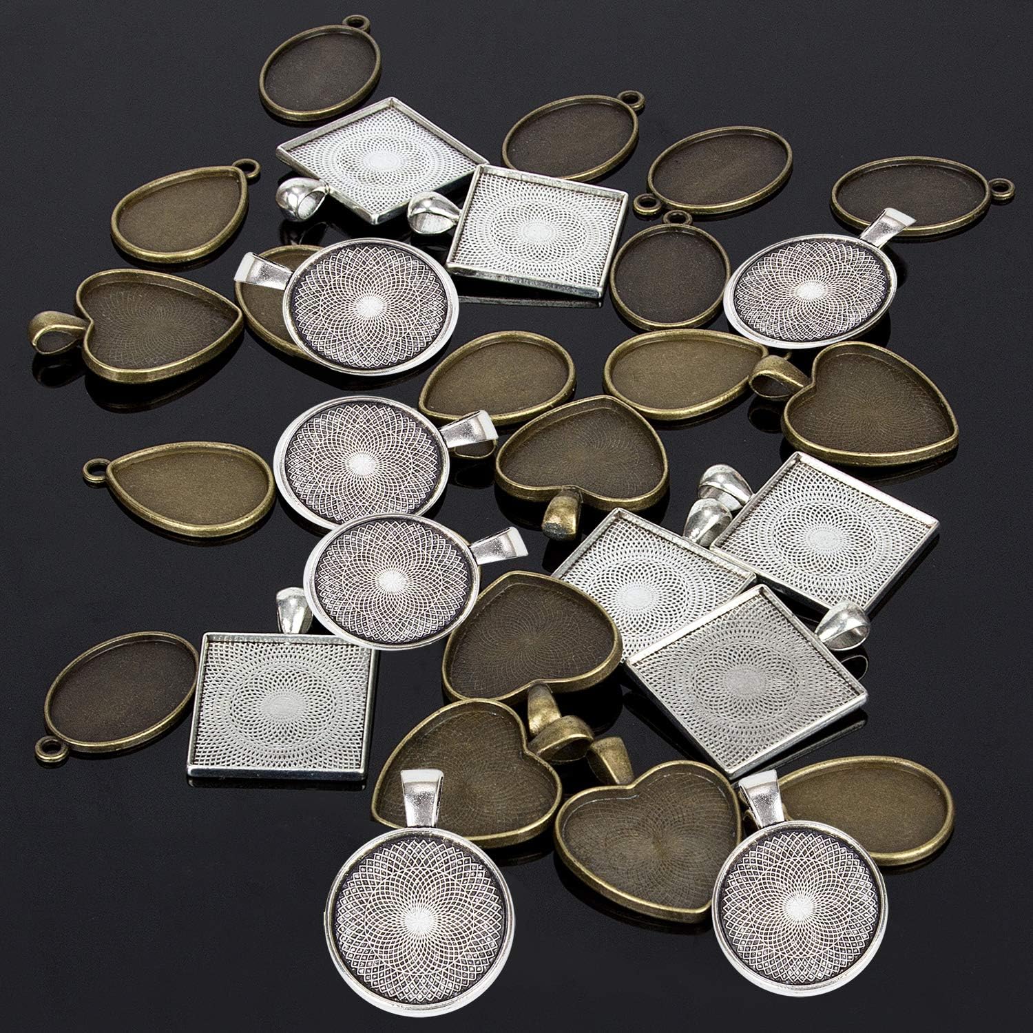 Resin Jewelry Molds Pendant Trays Making Kit / Metal Pendant+1 Pc Silicone Casting Molds / Set of 30