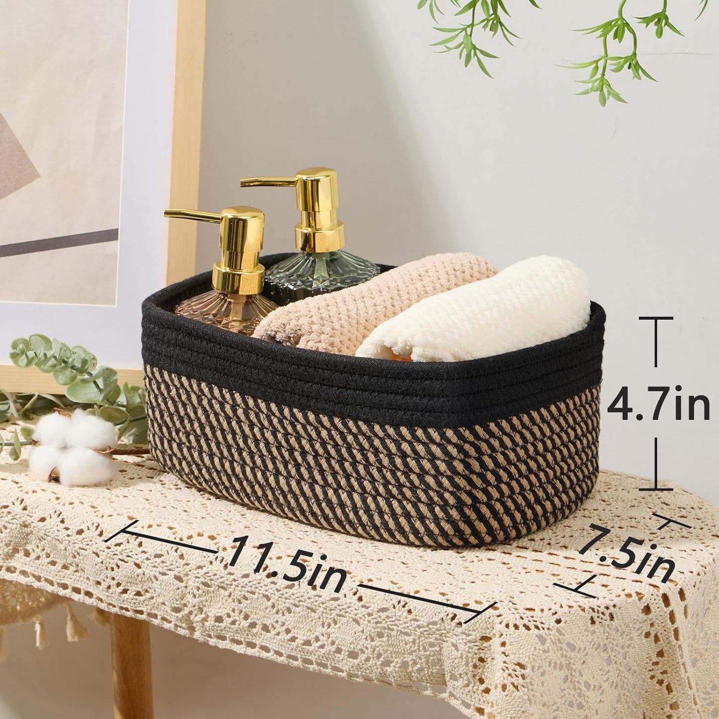 Woven Rope Baskets / L11.5xw7.5xh4.7 / Black/brown / Set of 3