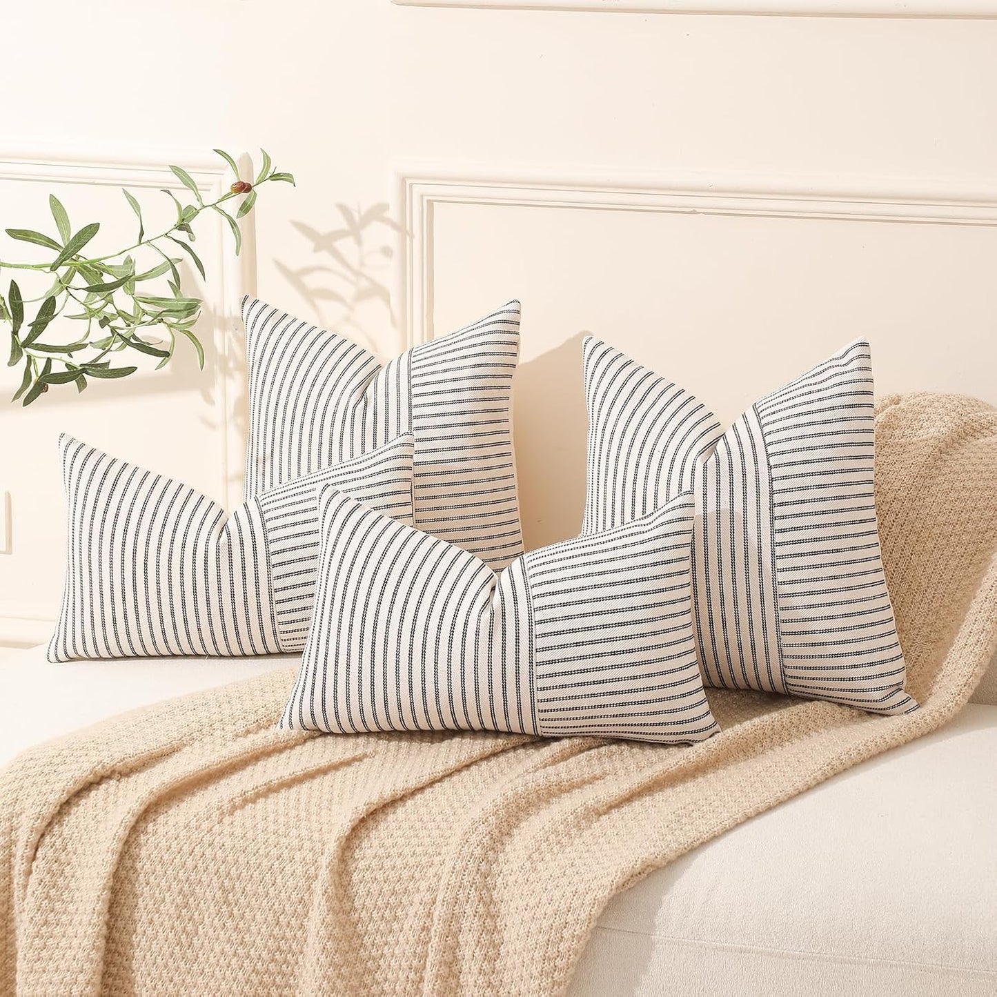 Beige Patchwork Farmhouse Throw Pillows Covers / Black / 18 x 18 / Set of 2