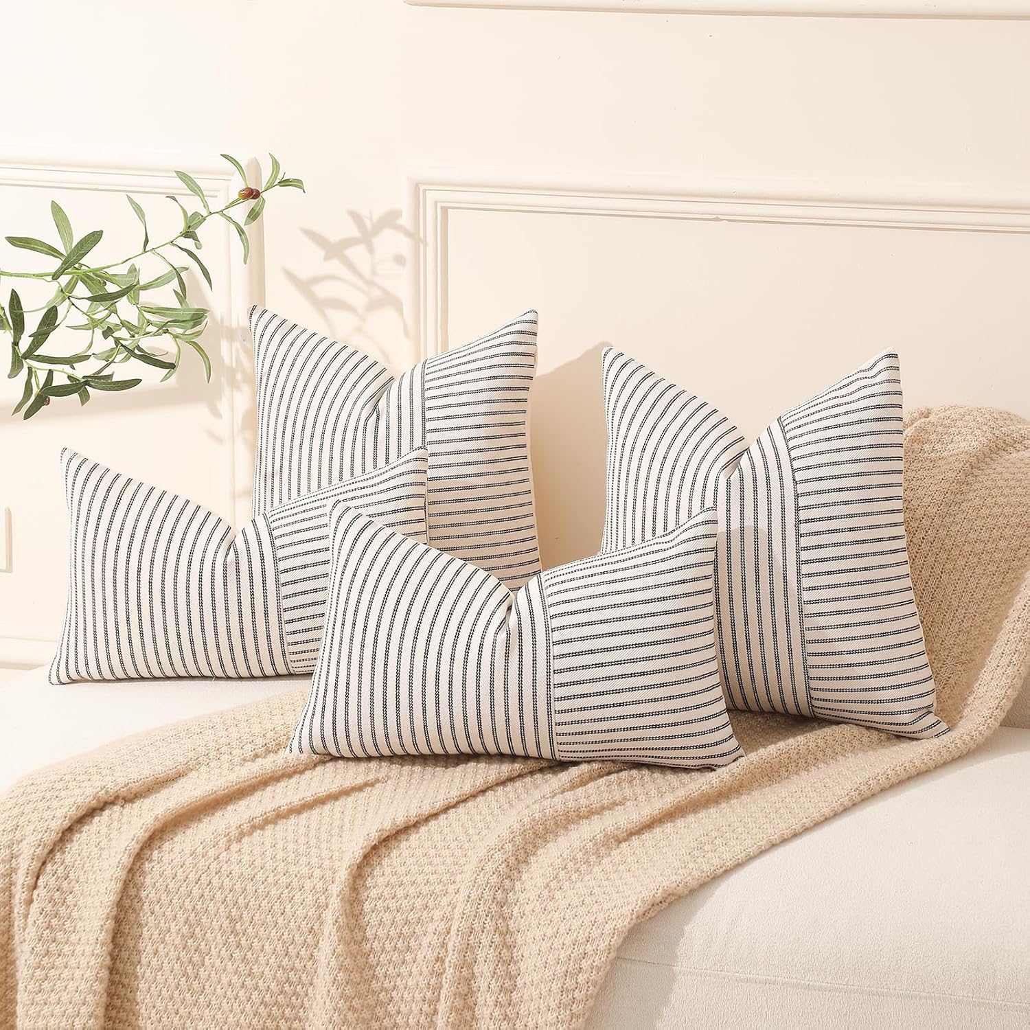 Beige Patchwork Farmhouse Throw Pillows Covers / Black / 18 x 18 / Set of 2