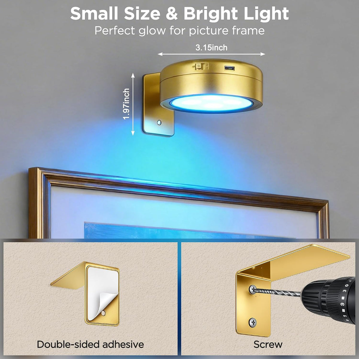 4-Pack Picture Lights for Wall, Rechargeable Cordless Poster Lights, Gold | LED Magnetic Painting Lights with