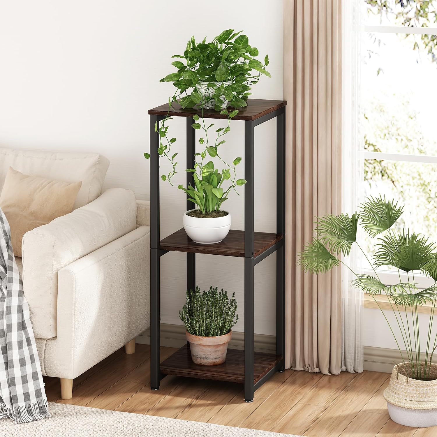3 Tier Plant Stand Indoor Corner Tall Square Shape Plant Shelf | Modern Metal MDF board Flower Storage,Suitable tight