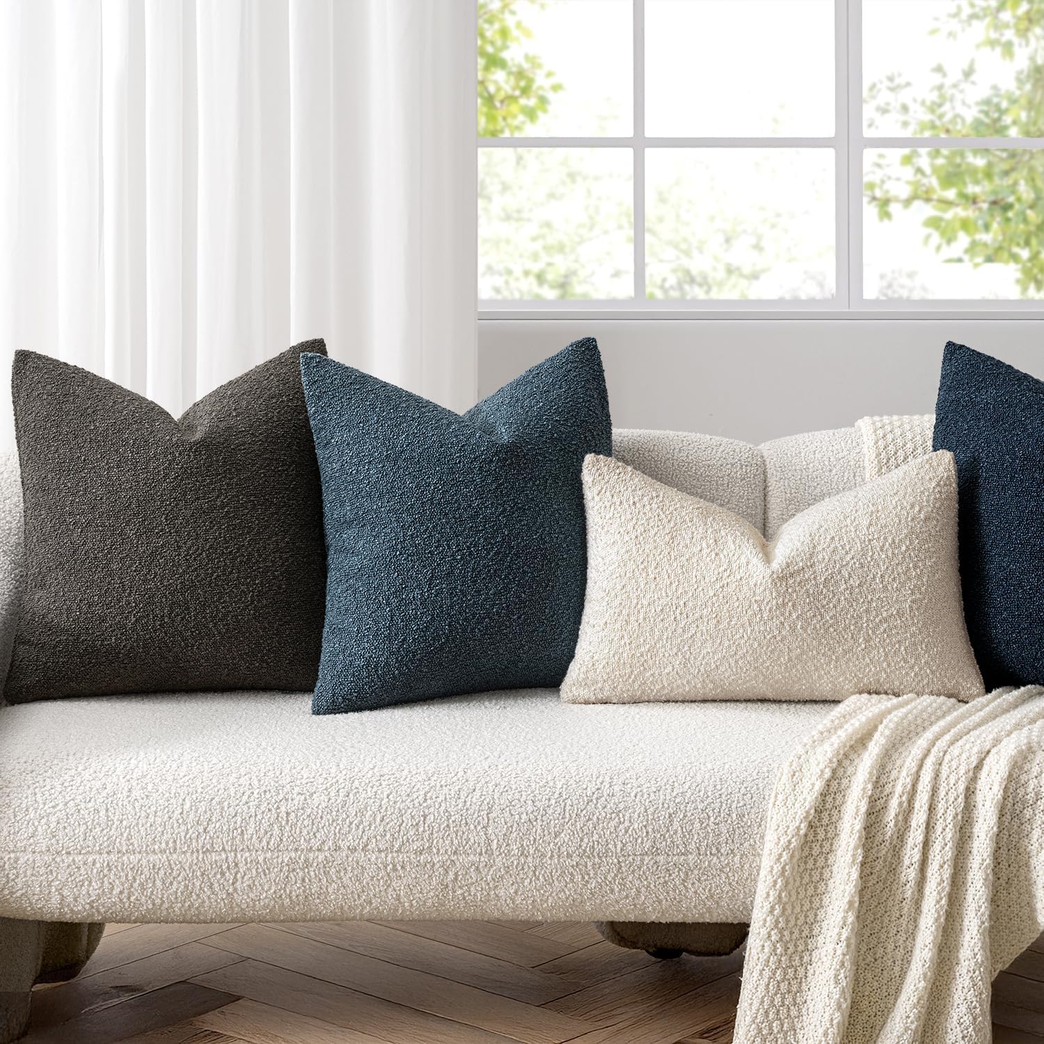 Decorative Boucle Throw Pillow Covers Textured Square Pillowcaes / 18 x 18 / Dark Blue / Set of 2