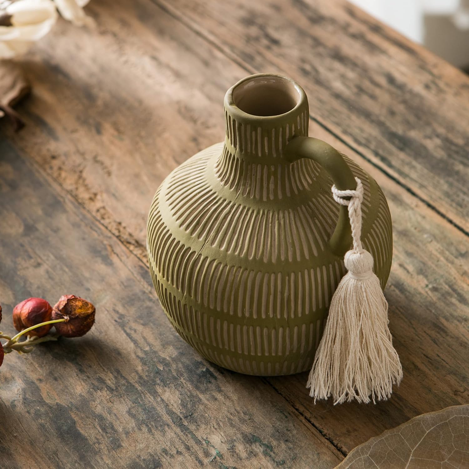 Farmhouse Vase / Grey Yellow Vertical Stripes Design Clay Vase 10'' Tall / Green