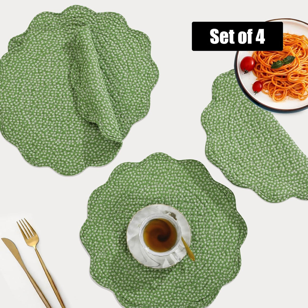 HOMBYS Quilted Placemats Set of 4 Washable Round Placemats for Kitchen Table-100% Cotton Fabric Round Table Mats