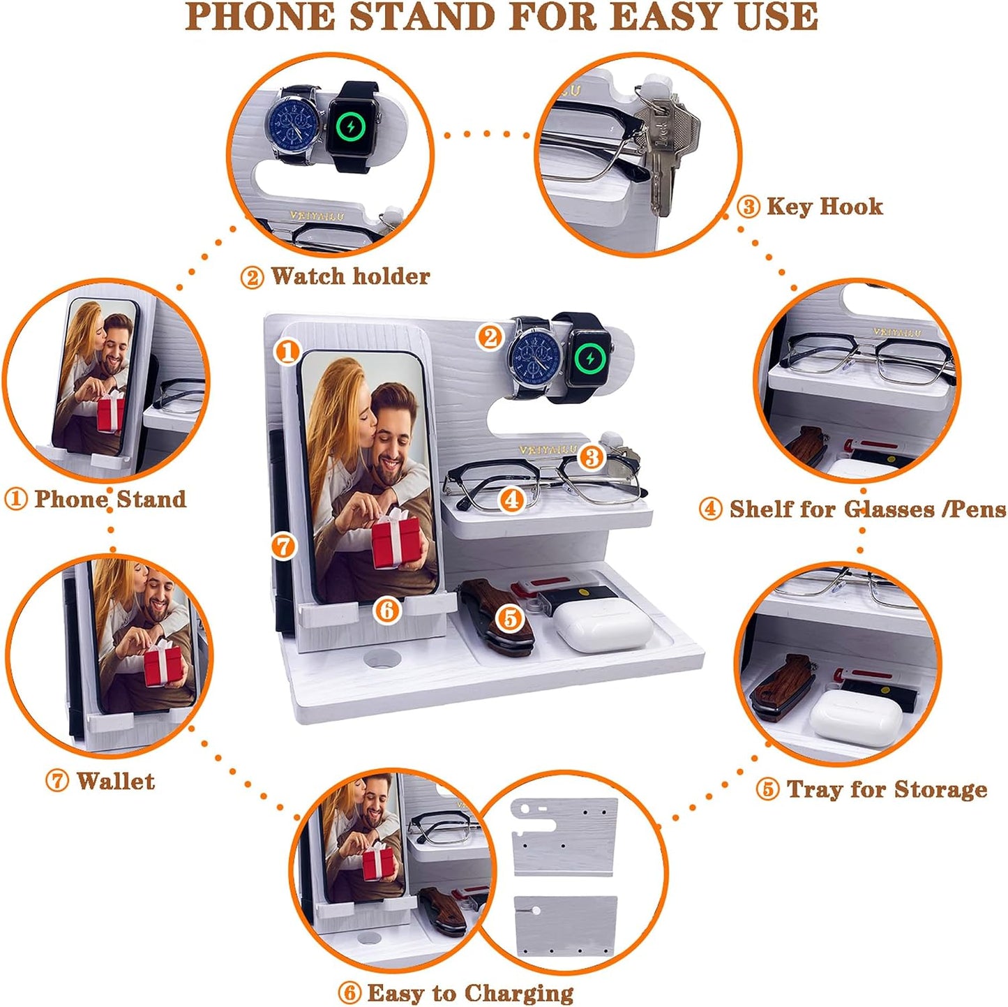 VEIYAILU Gifts for Women Girlfriend Men Him Husband Boyfriend Son Boss Wood Phone Docking Station Nightstand Organizer