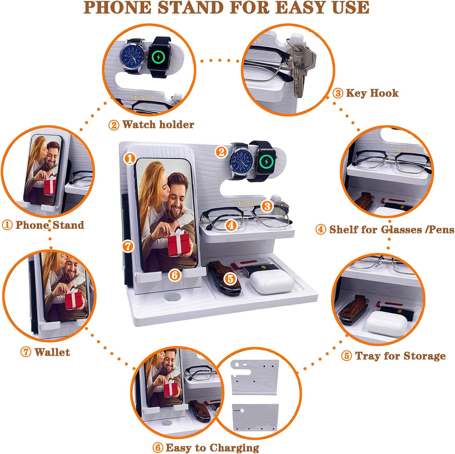 VEIYAILU Gifts for Women Girlfriend Men Him Husband Boyfriend Son Boss Wood Phone Docking Station Nightstand Organizer