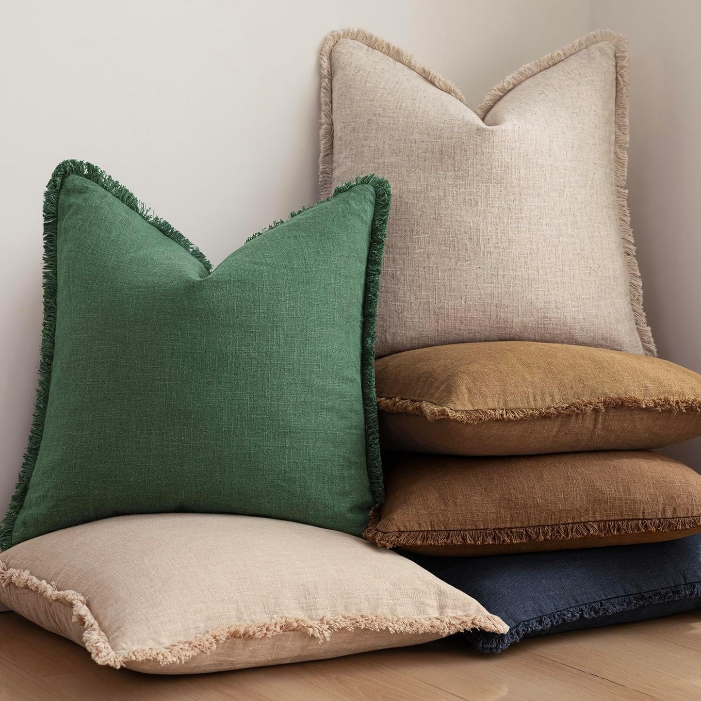 Decorative Linen Fringe Throw Pillow Covers Boho Farmhouse / 18 x 18 / Abundant Green / Set of 2