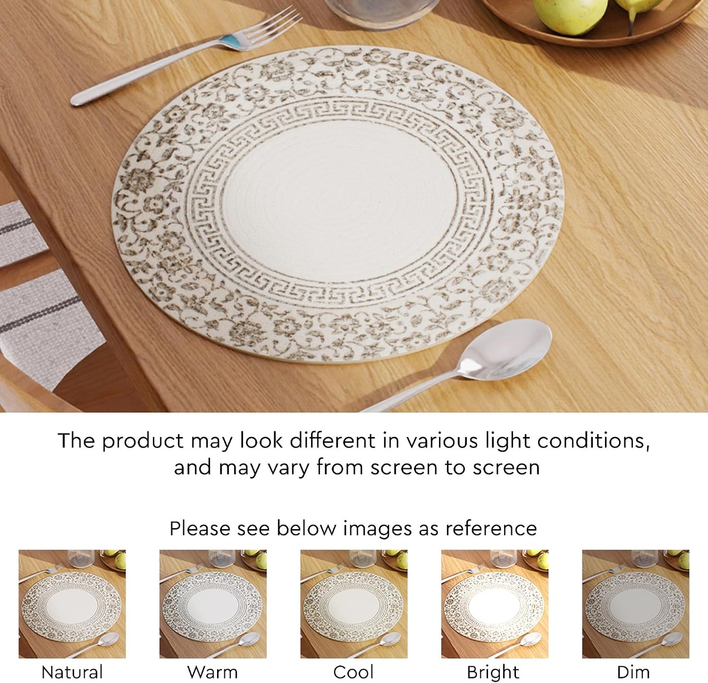 Encasa XO Placemats, Round Cotton Dining Table Mats 13" | Printed Grey, Handcrafted Ribbed Texture | Heat Resistant