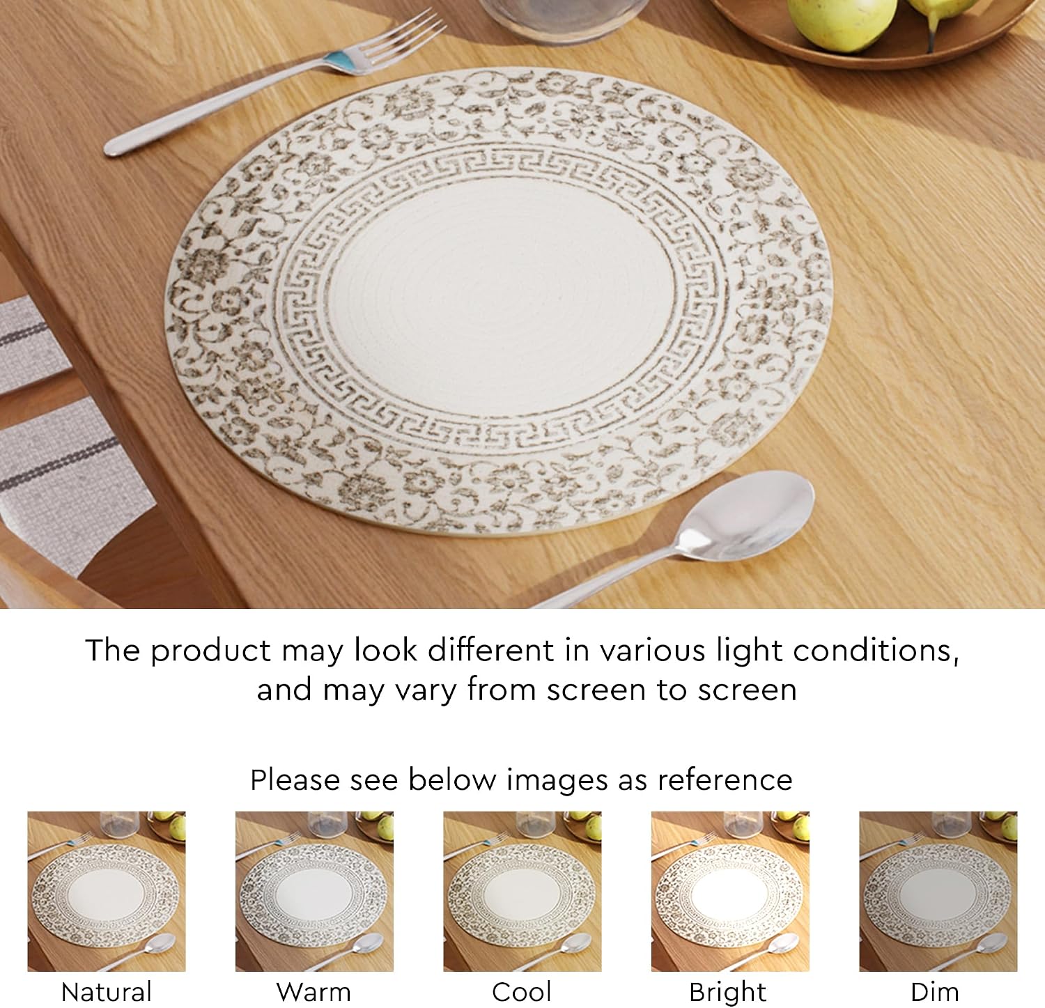 Encasa XO Placemats, Round Cotton Dining Table Mats 13" | Printed Grey, Handcrafted Ribbed Texture | Heat Resistant
