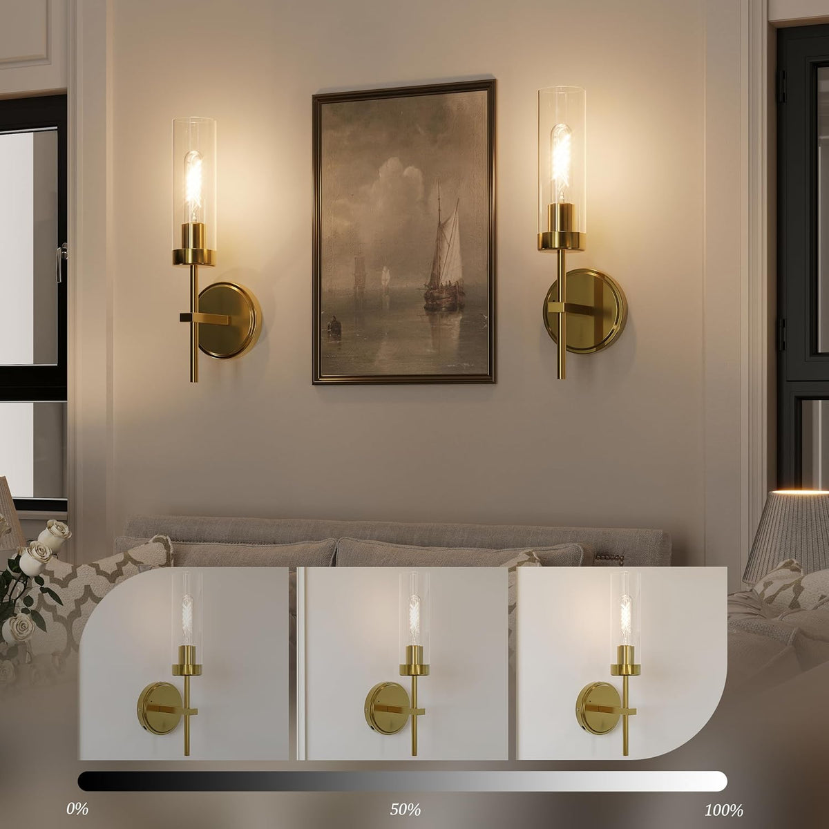 Gold Battery Operated Wall Sconce, Wireless Wall Sconces with Remote Control, Rechargeable 3000K Dimmable Wall Light