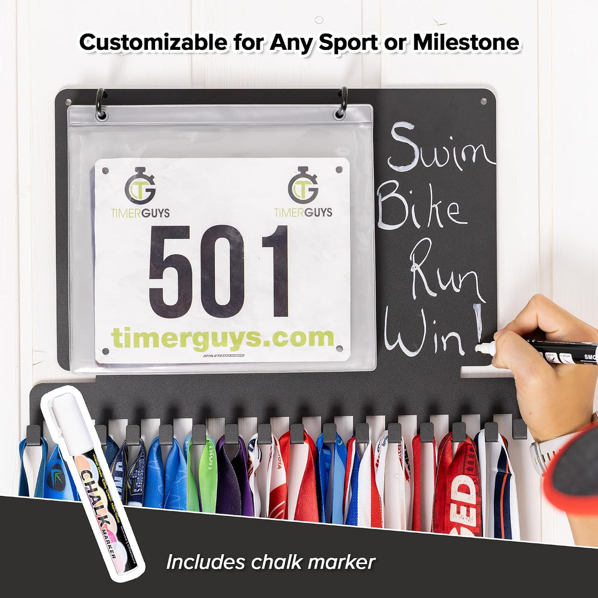 Running Medal Hanger Display with Race Bib Holder, Gift for Runners | Individual Hooks, Custom Write-On Board, Easy to