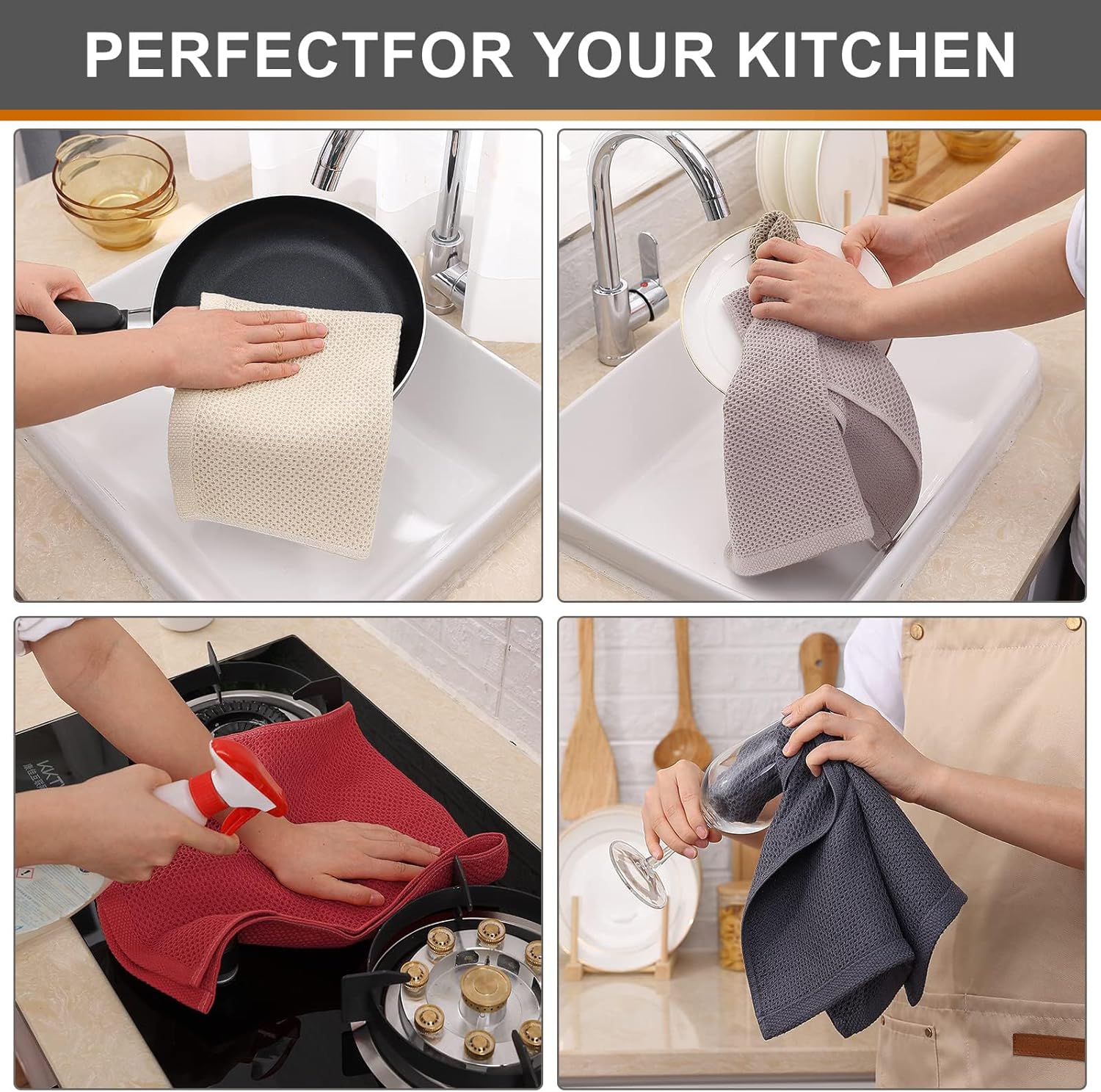 Kitinjoy 100% Cotton Waffle 8-Pack Kitchen Towels, 13" x 28", Multicolor | Super Soft, Ultra-Absorbent, Fast Drying