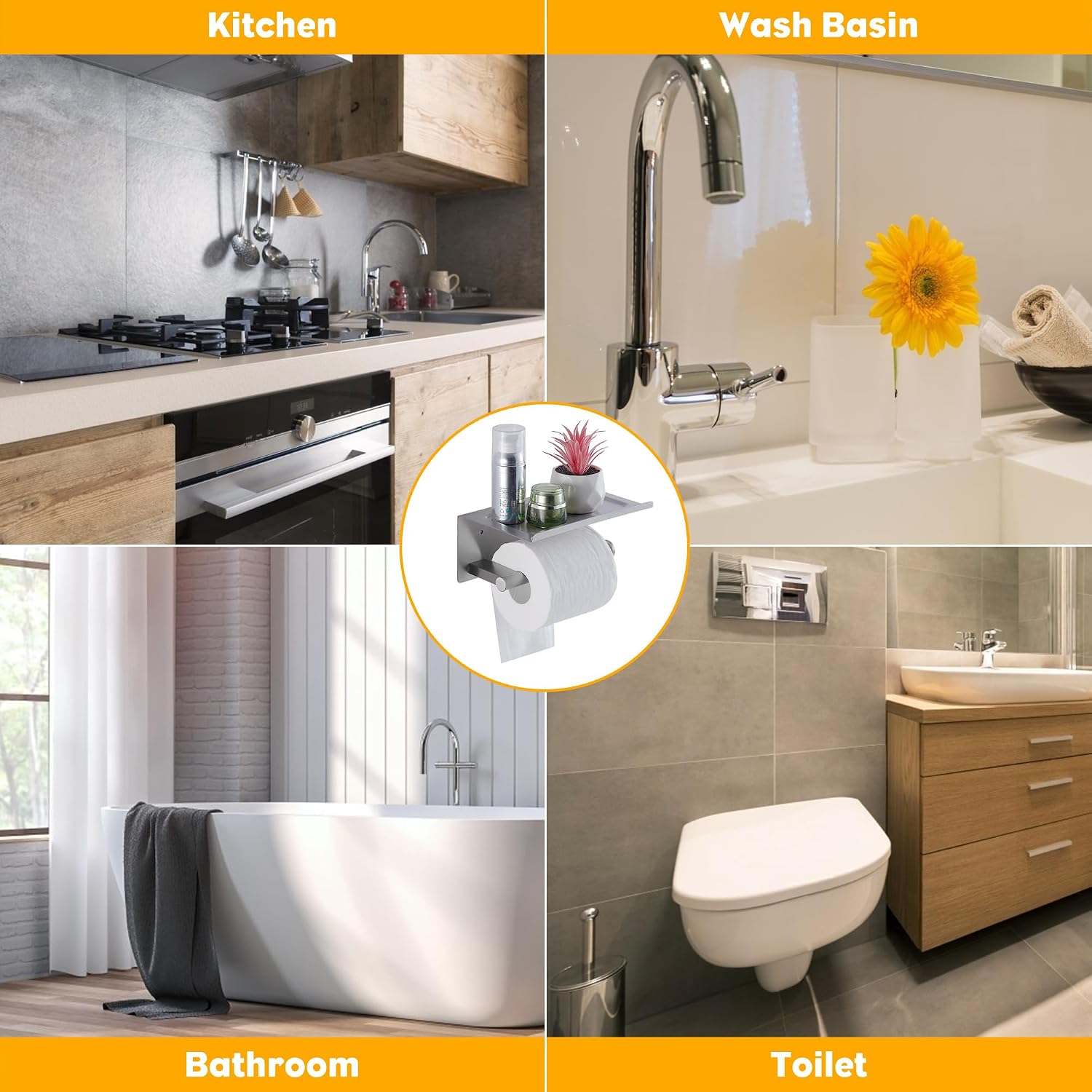 Toilet Paper Holder with Shelf, Wall Mounted Adhesive Holder for Bathroom, Tissue Roll Holder with Phone Storage Shelf