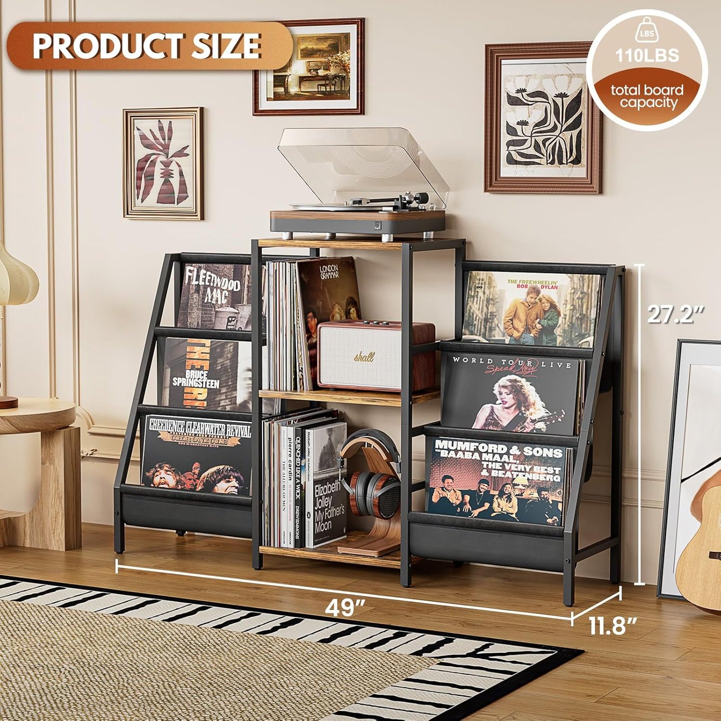 Record Player Stand with Vinyl Storage, Record Player Table with Vinyl Record Storage Up to 280 Albums, Turnta ble