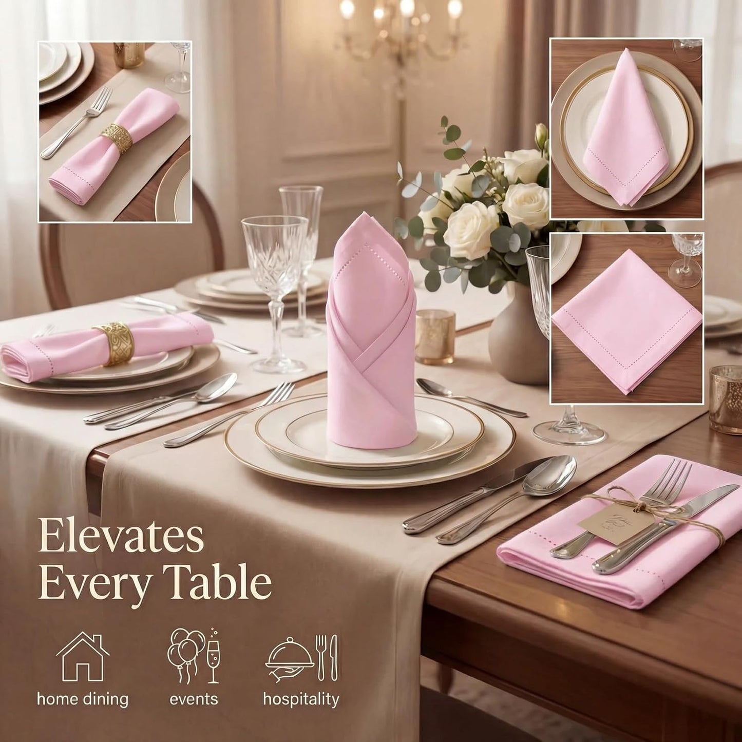Urban Villa Hemstitch Cloth Dinner Napkins Cotton 20”x20” (Set of 12)-Pink