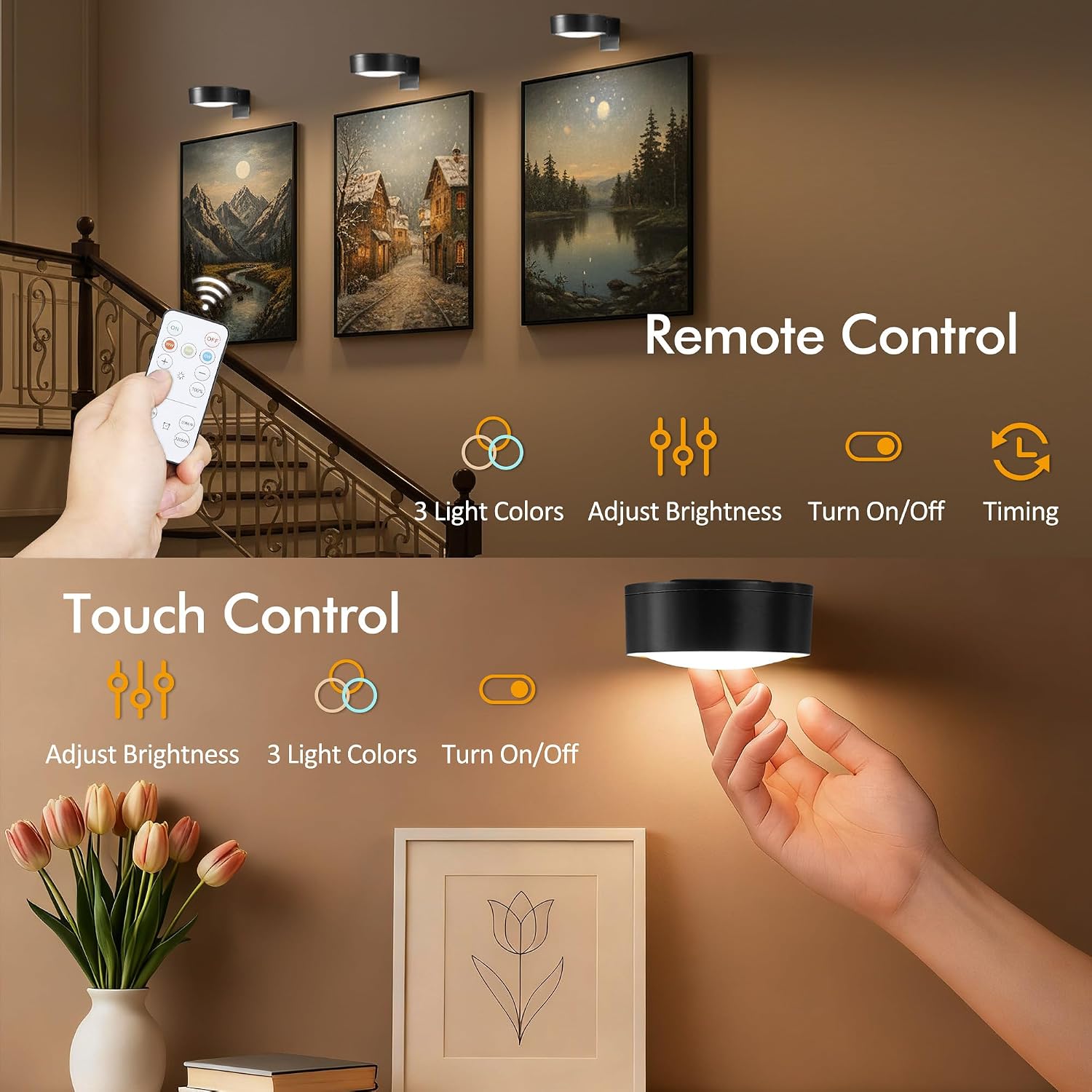Picture Lights for Wall, Rechargeable Battery Wireless Poster Lights, Black | LED Magnetic Painting Light with Remote