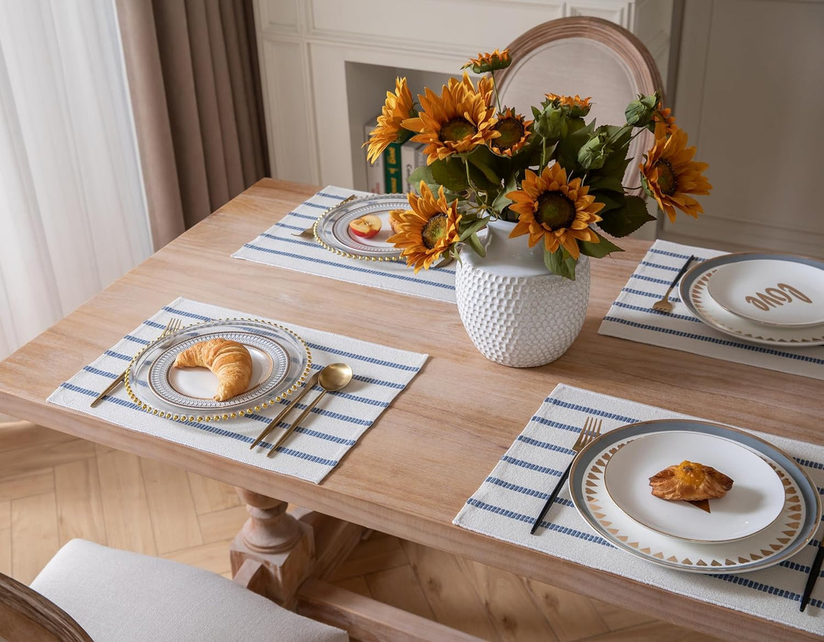 Caflife Boho Farmhouse Placemats Set of 6, Blue Stripes Cotton Linen Woven Table Mats for Modern Dining Table, 13x19