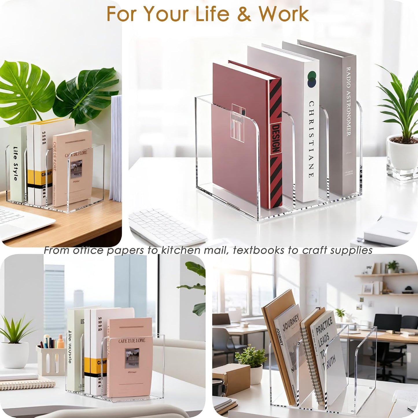 SANRUI Clear Acrylic Vertical Magazine File Organizer with 3-Slot, Clear | 3-Compartment File Magazine Sorter