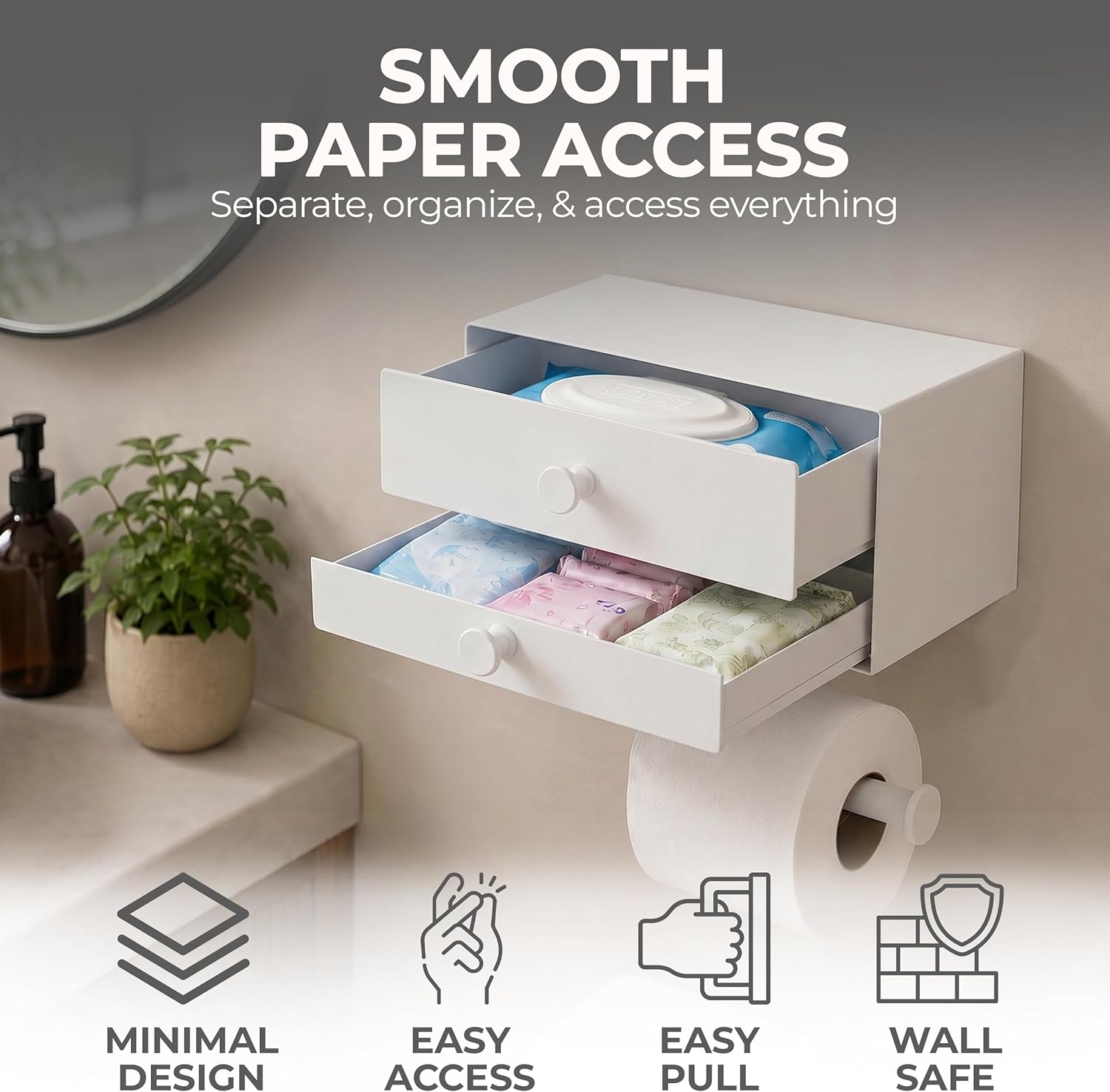 Toilet Paper Holder for Bathroom with Wipes Storage Drawers | Toilet Paper and Wipes Holder for Bathroom - Aluminum TP
