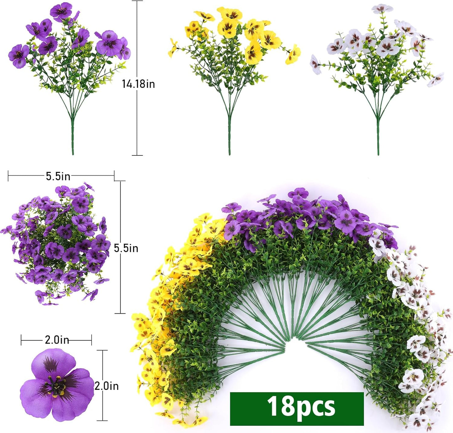 Artificial Fake Pansy Flowers / Purple, Yellow, White / Set of 18