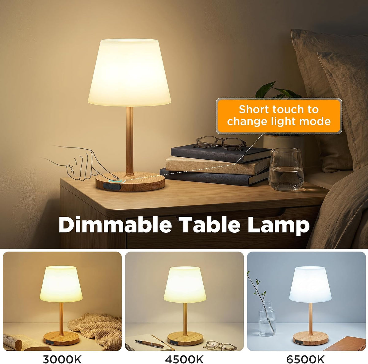 LUTEC 2 Pack Shower Lamp Waterproof, 6000mAh Rechargeable Cordless Table Lamp with 3 Color Temps and Stepless Dimming