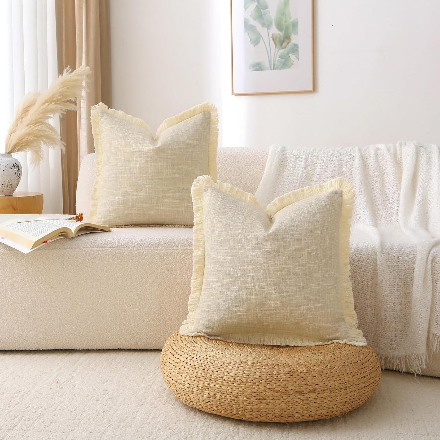 Natural Boho Burlap Fringe Decorative Throw Pillow Covers Rectangle / Beige / 20 x 12 / Set of 2