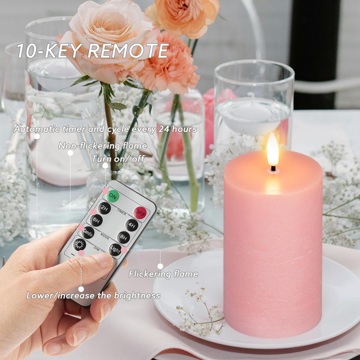 Pink Flameless Candles, Wax Battery Operated Candles with Remote | Flat Top Flickering LED Candles, Warm Ambiance, Home