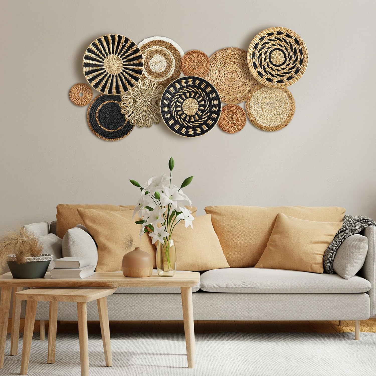 Boho Hanging Wall Basket Decor Handmade Woven Basket Wall Decorative Boho / Assorted / Set of 11