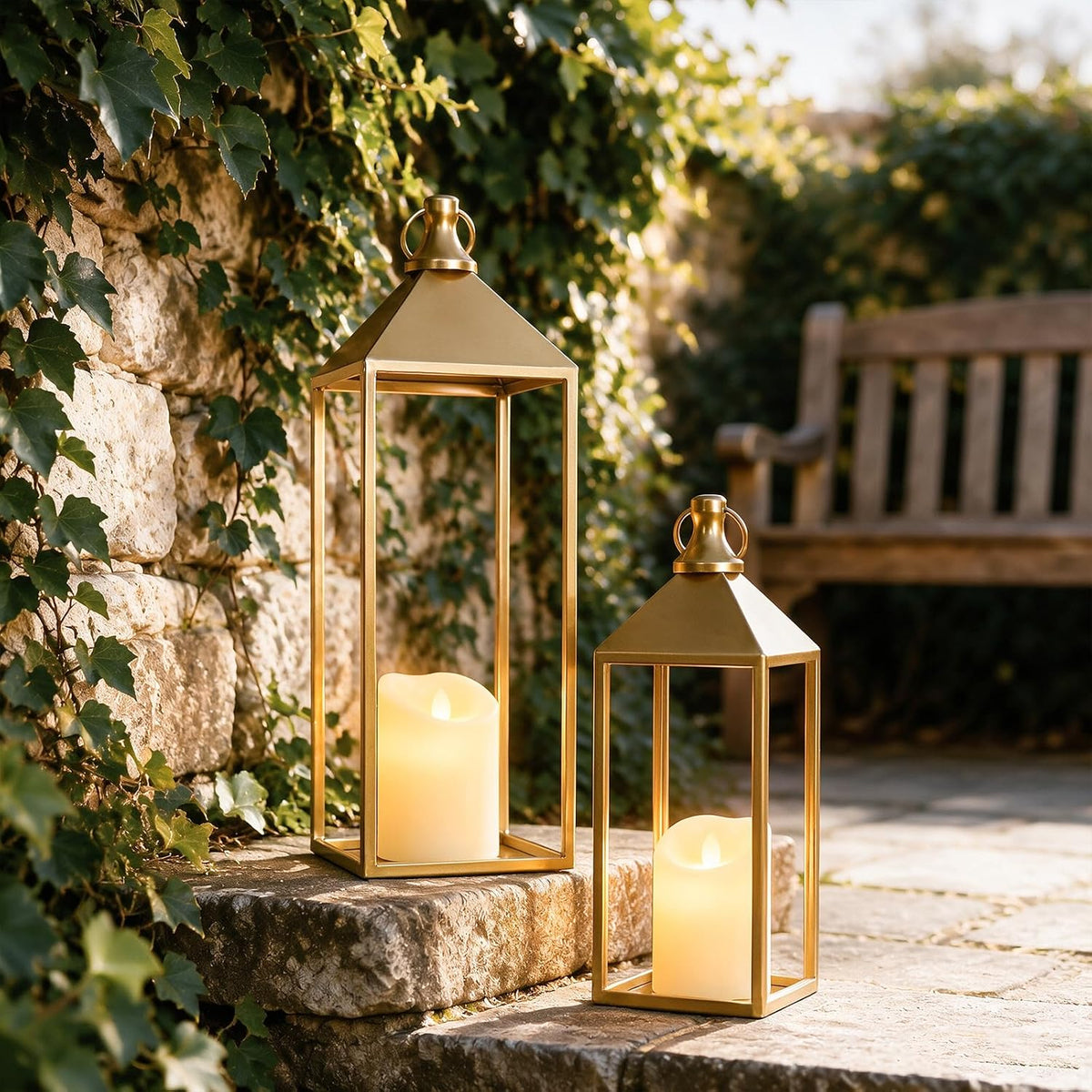 Set of 2 Decorative Lanterns with Candles, Gold Metal Lanterns Decor | 17" 13" Lanterns Decorative Indoor Outdoor for