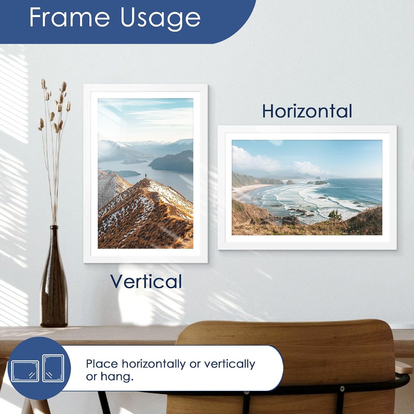 12x18 Picture Frame Set of 6, Wall Mount Display, White | Display Pictures 11x17 with Mat or 12x18 Without Mat