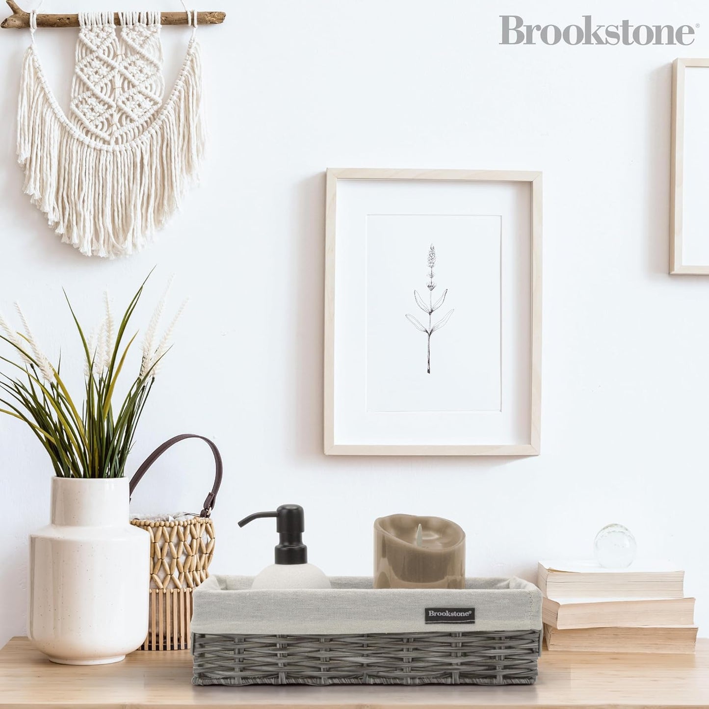 Wicker Shelf Storage Basket Decorative Shelf Bin / Grey Two Pack with Handles
