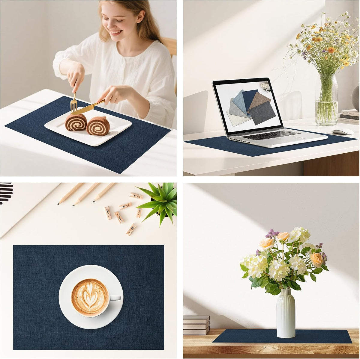 DOLOPL Placemats Set of 8, Reversible Faux Leather Place Mats, Navy Blue | Wipeable, Machine Washable, Heat Resistant