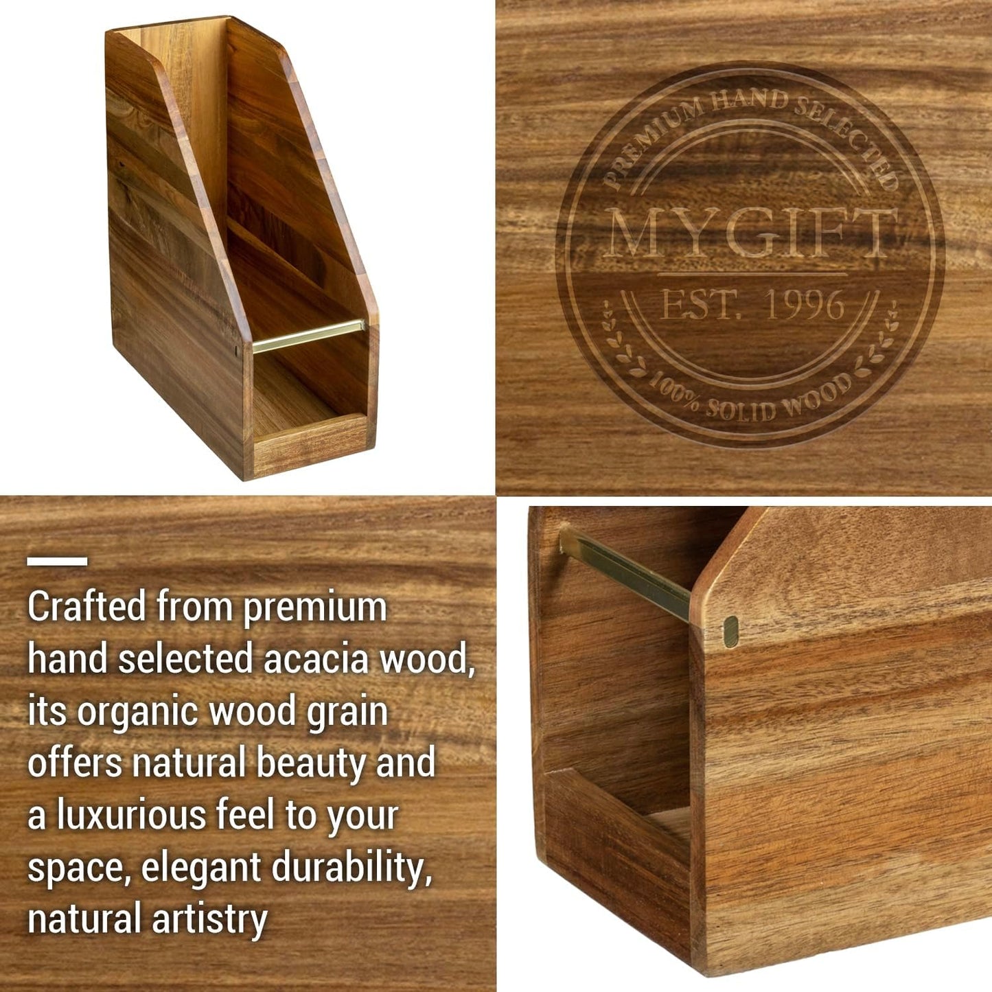 MyGift Premium Hotel Series Solid Acacia Wood Desktop Magazine File Holder Bin with Brass Tone Metal Accent, Vertical