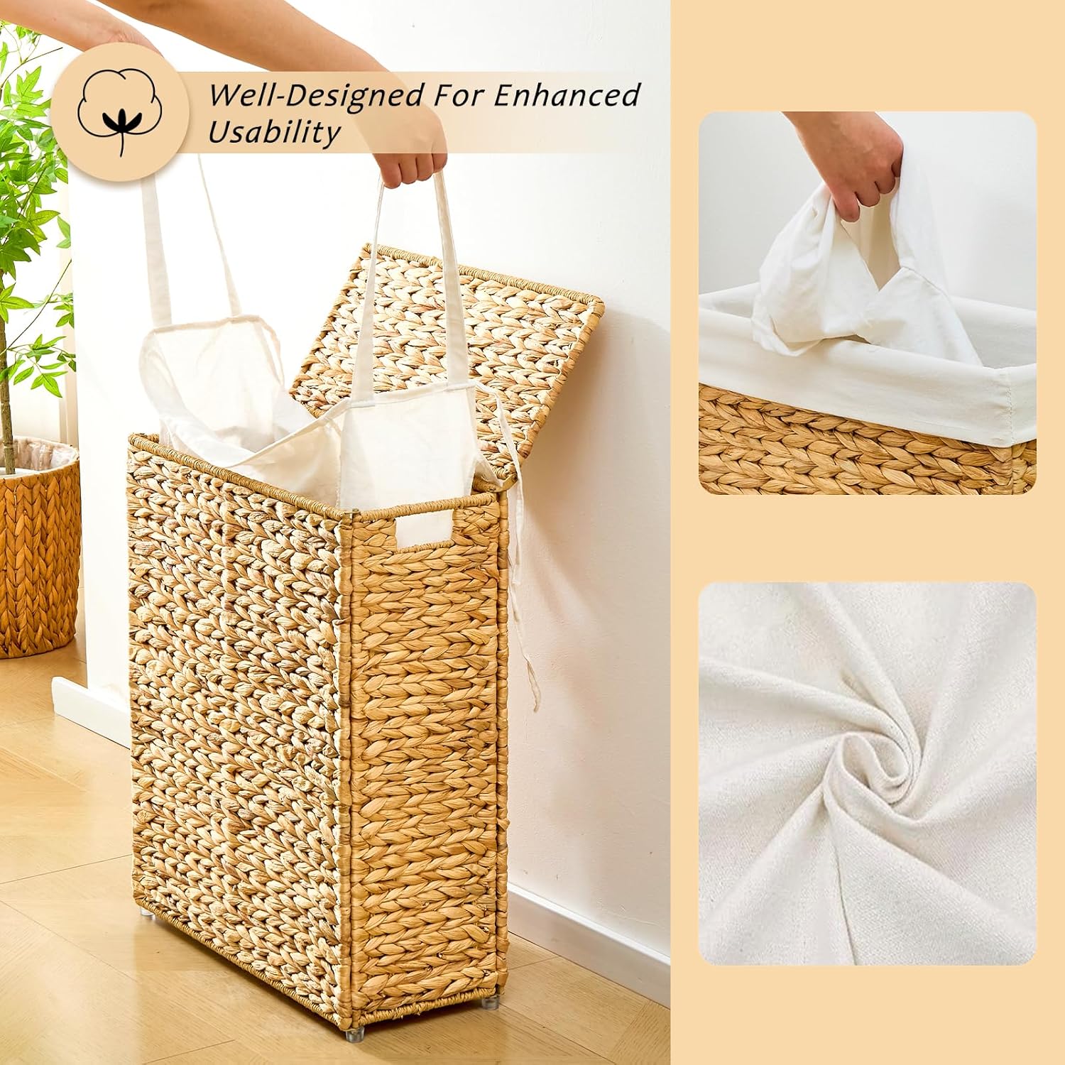 Narrow Wicker Laundry Basket / Hyacinth with Lid / 75L / Natural