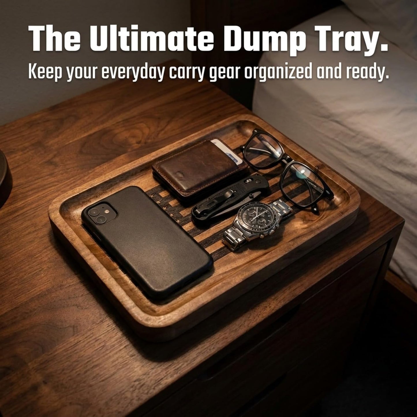 Guard The Line American Flag Valet Tray for Men - Wood EDC Catchall Tray | Laser-Engraved Wooden Tray, Patriotic Key