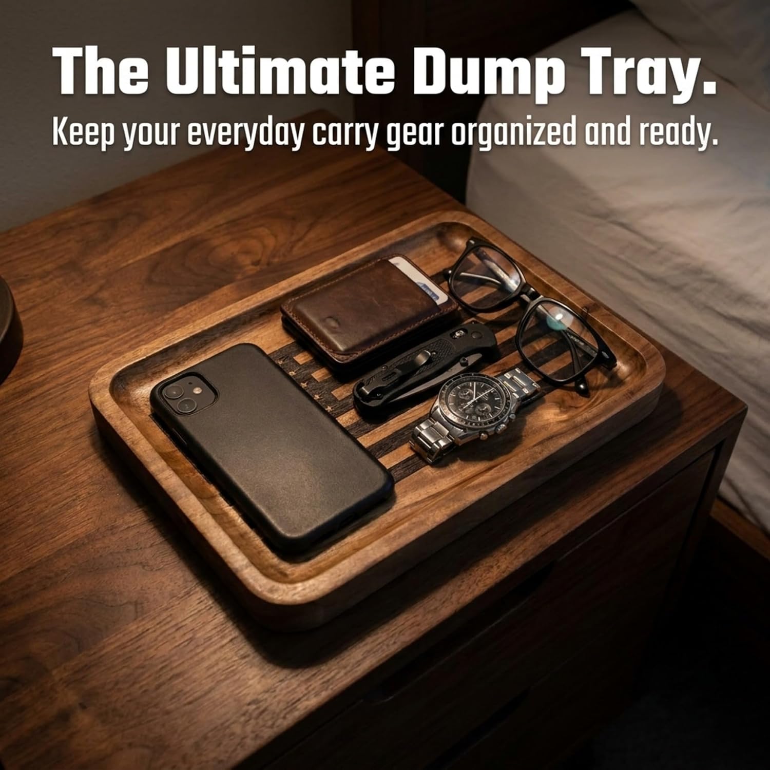 Guard The Line American Flag Valet Tray for Men - Wood EDC Catchall Tray | Laser-Engraved Wooden Tray, Patriotic Key