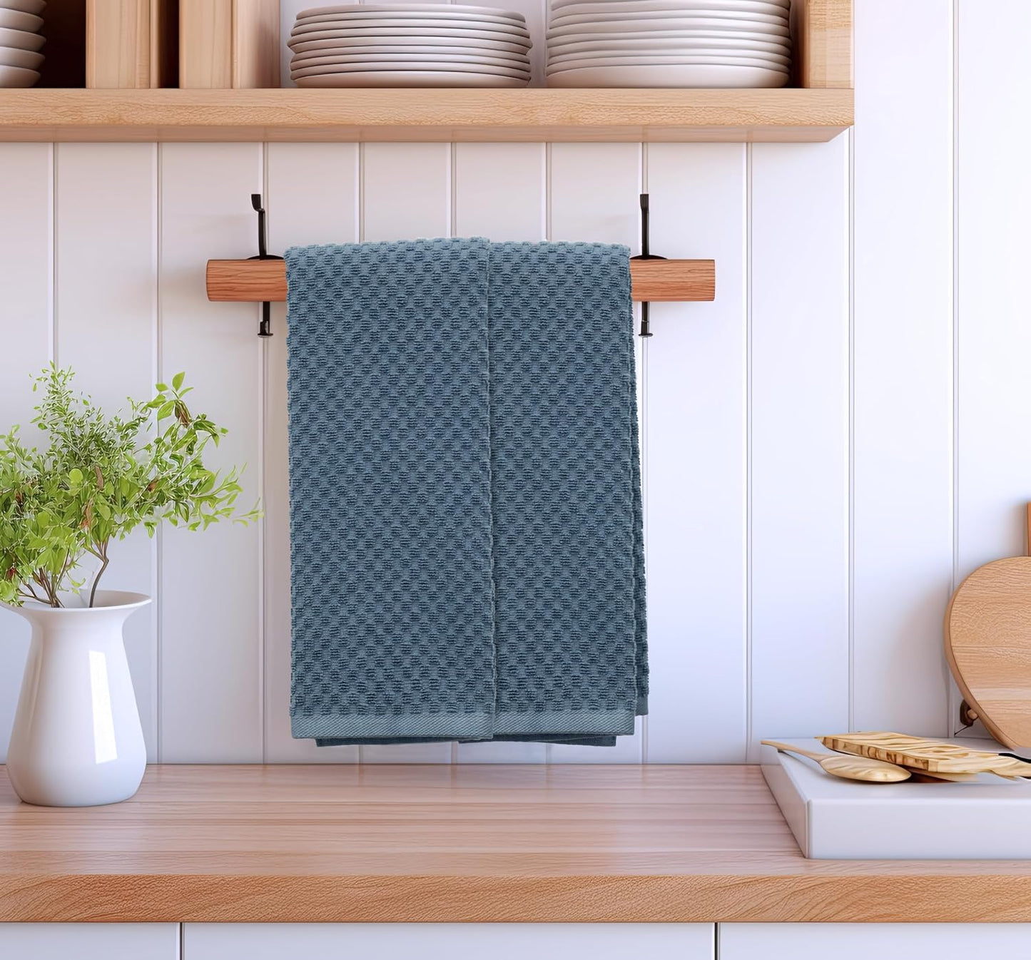 COTTON CRAFT Amazing Kitchen Towels - 8 Pack 100% Cotton Waffle Terry Towel | Blue - 16x28 inch Euro Café Waffle Weave